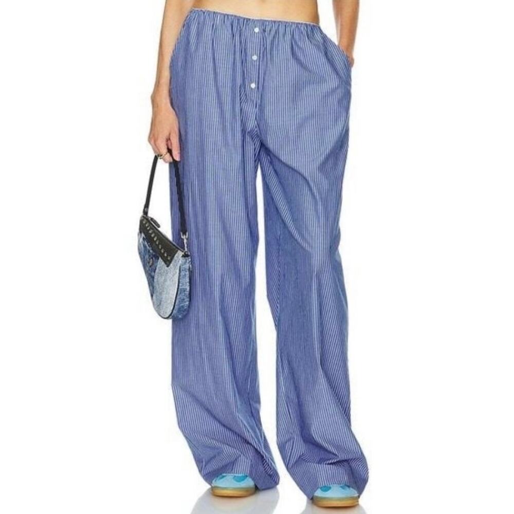 Helsa Pinstripe Cotton Poplin House Pants Blue Wide Leg Baggy XXS Boxer